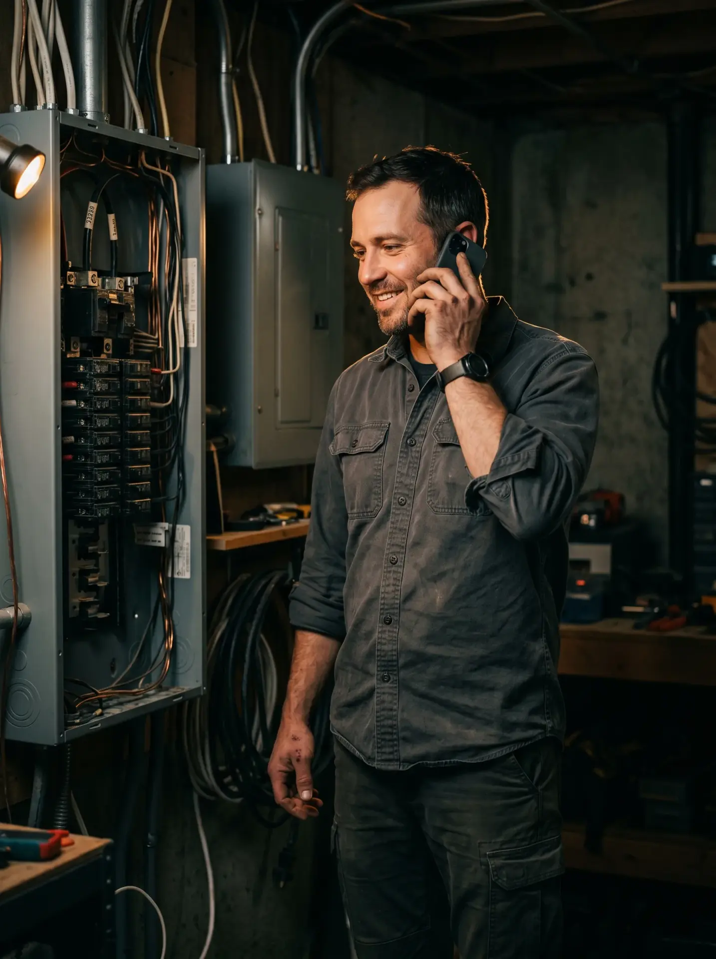 Lights Out Electric electrician taking a customer phone call next to an open electrical panel